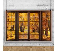 Ttincceer 250x180cm Autumn Landscape Backdrop Viewing Outside The Window Yellow Maple Leaf Photography Background Wallpaper Natural Scenery Background Photo Booth Prop