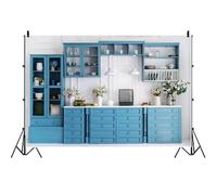 Ttincceer 5x4ft Kitchen Interior Backdrop Modern White Wall Blue Cupboard Birthday Photography Background Home Cuisine Kids Family Birthday Party Banner Portrait Photo Studio Props Vinyl
