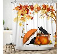 Ttincceer 60x72inch Cute Cat Shower Curtain Funny Black Cat Pumpkin Umbrella Shower Curtain Set Autumn Scenery Maple Leaf Fallen Leaf Bath Curtain Waterproof Bathtub Curtain