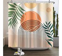 Ttincceer 60x72inch Mid-Century Shower Curtain Orange Sun Line Rainbow Abstract Bath Curtain Tropical Plant Palm Leaf Watercolor Leaf Shower Curtains Waterproof Bathtub Curtain