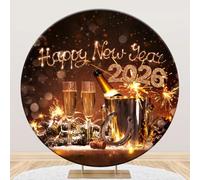 Ttincceer 6ft Happy New Year Round Backdrop Gold Firework Lucky Horseshoe Champagne New Years Circle Photography Background Winter Festival Family Party Decoration Banner Studio Prop