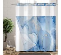 Ttincceer Blue Hook-less Shower Curtain with Snap in Liner Set Blue Ink Marble Texture No Hook Shower Curtains, See Through Mesh Top Window Double Layer Bathroom Curtain Waterproof 71x74inch