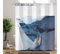 Ttincceer Blue Hook-less Shower Curtain with Snap in Liner Set Dark Blue Grey Ink Marble No Hook Shower Curtains, See Through Mesh Top Window Double Layer Bathroom Curtain Waterproof 60x72inch