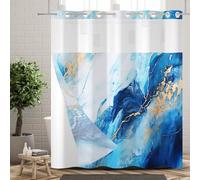 Ttincceer Blue No Hook Shower Curtain with Snap in Liner Abstract Brown Blue Marble Hook-less Shower Curtain with See Through Window Double Layers Waterproof Bathroom Curtain 60x72inch