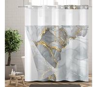 Ttincceer Hook-less Shower Curtain with Snap in Fabric Liners Grey Gold Marble No Hooks Shower Curtains Waterproof Luxury Double Layer Bathroom Curtain with See Through Top Window 72x84inch