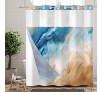 Ttincceer Hook-less Shower Curtain with Snap in Liners Blue Brown Marble Texture No Hook Shower Curtains Waterproof Double Layers Bathroom Curtain with See Through Top Window 71x71inch