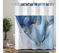 Ttincceer No Hook Shower Curtain with Snap-in Fabric Liner Navy Blue Marble Hook-less Shower Curtain with Liners Set Double Layer Bathroom Decorative Curtain with See Through Top Window 71x74inch