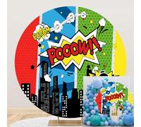 Ttincceer Superhero City Backdrop 6.5ft Comic Architecture City Night Round Background Cover Cartoon Super City Boom Photography Background Newborn Boy Kids Birthday Banner