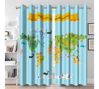 Ttincceer World Map Blackout Curtain for Kids Bedroom Cute Animal Funny Geography Educational Window Drape for Boys Girls Privacy Protection Room Thermal Insulated 2 Panles, 117x183cm