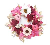 Ttiy Artificial Fall Wreath Handmade Thanksgiving Day Wreaths With Pink White Flower Autumn Harvest Door Wreath for Indoor Outdoor Wall Decoration 1PCS