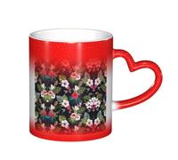 Ttkjshmgc Ceramic Color Changing Mug, 11 Oz, Red, Heat Sensitive with Heart Handle, Floral Tropical Theme, for Home, Office and Cafe
