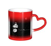 Ttkjshmgc Ceramic Color Changing Mug, 11 Oz, Red, Heat Sensitive with Heart-Shaped Handle, Astronaut Galaxy Theme, for Home, Office and Cafe