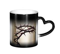 Ttkjshmgc Ceramic Mug 11 Oz, Black, Colour Changing with Heart Handle, Crown of Thorns Theme for Home, Office and Cafe