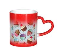 Ttkjshmgc Ceramic Mug 11 Oz, Red, Colour Changing with Heart-Shaped Handle, Cupcake Theme, for Home Office and Cafe