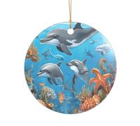 Ttkjshmgc Dolphins Sea Turtle Octopus Coral Reef -Print Acrylic Round Pendant Gold Lanyard, Custom Christmas Ornaments For Tree Wedding Party Decor.
