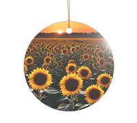 Ttkjshmgc Farm Sunflowers -Print Acrylic Round Pendant Gold Lanyard, Custom Christmas Ornaments For Tree Wedding Party Decor.