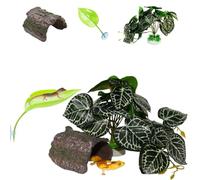 TTMIMIK 3 Pack Reptile Hide Cave Resin Hollow Tree Trunk with Artificial Plants and Leaf Shape Platform with Suction Cups for Small Bearded Dragons Scorpion Lizard (3)