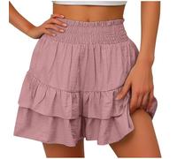 TTNTTR Women's Mini Skirt Double Layered Ruffle Flowy High Waist Flared Skort Fashion Solid Color Pleated Workout Sport Club Party, Pink, L