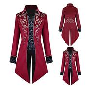 TTOKGZG Steampunk Vintage Tailcoat Coat Men, Medieval Gothic Velvet Embroidery Tailcoat Jacket, Victorian Frock Uniform for Steampunk-Themed & Dancing Party, Halloween（Red，4XL）