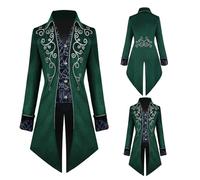TTOKGZG Steampunk Vintage Tailcoat Coat Men, Medieval Gothic Velvet Embroidery Tailcoat Jacket, Victorian Frock Uniform for Steampunk-Themed & Dancing Party, Halloween (Green, S)