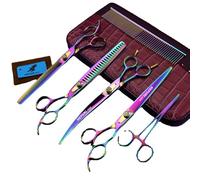 TTOOGO 8.0 Inch Rainbow Grooming Shears for Dogs - 4-Piece JP440C Stainless Steel Pet Grooming Kit with Straight, Curved, and Texturizing Scissors for Creative Styling