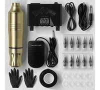 TTOOGO Complete Rotary Tattoo Machine Kit - Tattoo Pen Kit with Tattoo Pen, Power Supply, Foot Pedal, 10 Cartridges, Accessories for Lining Shading Beginners Artists,Gold