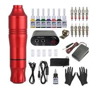 TTOOGO Complete Rotary Tattoo Pen Kit - Full Rotary Tattoo Machine Set with Mini Power Supply, Foot Pedal, 10 Cartridges, and 8 Practice Inks for Beginners,Red