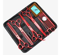 TTOOGO Dog Grooming Scissors Set - Professional 8.0in Straight and Curved Shears with 7.5in Thinning and Chunking Shears, Red Coated Pet Hair Cutting Kit with Comb and Case