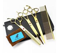 TTOOGO Gold Dog Grooming Scissors Set, 3-Piece 440C Steel Kit with 8.0" Straight and Curved Shears, 7.5" Thinner, and Comb for Professional Pet Styling, Finishing, and Texturizing,Thin