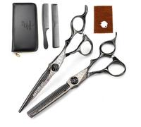 TTOOGO Hair Cutting Scissors Kit - 2-Piece 6.0" 440C Steel Barber Shears Set with Damascus Pattern, Includes Cutting and Thinning Scissors, Combs, and Case for Salon Stylists,Black
