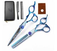 TTOOGO Hair Cutting Scissors Kit - 2-Piece 6.0" 440C Steel Barber Shears Set with Damascus Pattern, Includes Cutting and Thinning Scissors, Combs, and Case for Salon Stylists,Blue
