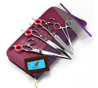 TTOOGO Pet Grooming Scissors Set - 3PCS 7.5 Inch Straight, Curved, Thinning Shears with Comb, 440C Steel, 21CM Length, Rotating Handle,B