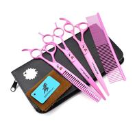 TTOOGO Pet Grooming Shears Set for Dogs and Cats, 3-Piece Pink 440C Steel Kit with 8.0" Straight and Curved Shears, 7.5" Thinner for Professional Full Body Shaping and Texturizing,Wide