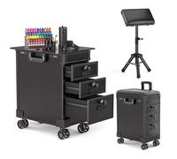 TTOOGO Portable Tattoo Workstation and Armrest Kit - 3-Drawer Rolling Travel Case with Combination Lock, Convertible Trolley Desk and Adjustable Tripod Stand for Mobile Artists