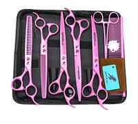TTOOGO Professional 5-Piece Dog Grooming Scissors Set - 8.0 Inch Black 6CR Steel Pet Grooming Kit with Straight, Up-Curved, Down-Curved, Thinning, and Chunker Shears,Pink
