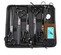 TTOOGO Professional 5-Piece Dog Grooming Scissors Set - 8.0 Inch Black 6CR Steel Pet Grooming Kit with Straight, Up-Curved, Down-Curved, Thinning, and Chunker Shears,Black