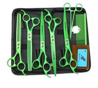TTOOGO Professional 5-Piece Dog Grooming Scissors Set - 8.0 Inch Black 6CR Steel Pet Grooming Kit with Straight, Up-Curved, Down-Curved, Thinning, and Chunker Shears,Green