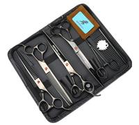 TTOOGO Professional 6-Piece Dog Grooming Scissors Set - 8.0 Inch Kit with Straight, Curved, Thinning, and Chunker Shears, Steel Comb, and Case for Full Body Styling, Trimming, and Finishing,Black