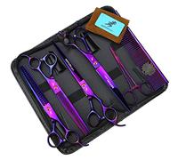 TTOOGO Professional 6-Piece Dog Grooming Scissors Set - 8.0 Inch Kit with Straight, Curved, Thinning, and Chunker Shears, Steel Comb, and Case for Full Body Styling, Trimming, and Finishing,Purple