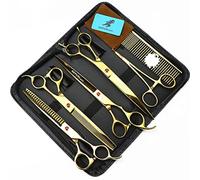 TTOOGO Professional 6-Piece Dog Grooming Scissors Set - 8.0 Inch Kit with Straight, Curved, Thinning, and Chunker Shears, Steel Comb, and Case for Full Body Styling, Trimming, and Finishing,Gold
