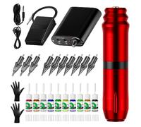 TTOOGO Professional Rotary Tattoo Pen Kit - Complete Tattoo Machine Set with 10 Cartridges, 10 Color Inks, RC Power Supply and Pedal for Lining Shading Coloring,Red