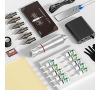 TTOOGO Rotary Tattoo Pen Kit for Lining Shading and Coloring Tattoo Machine Set with Power Supply Foot Pedal 10 Cartridges 10 Color Bottles for Professional Tattoo Artists Beginner,Silver