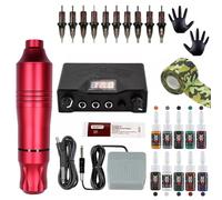 TTOOGO Rotary Tattoo Pen Kit with 0-18V Power Supply for Lining Shading and Coloring, Complete Tattoo Set with Foot Pedal, 10 Cartridge Types and Adjustable Pen Grip,Red,B