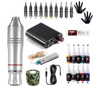 TTOOGO Rotary Tattoo Pen Kit with Mini Power Supply - Complete Tattoo Machine Set with DC Connection, Foot Pedal, 10 Cartridges, 10 Color Set for Lining and Shading,Silver