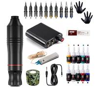 TTOOGO Rotary Tattoo Pen Kit with Mini Power Supply - Complete Tattoo Machine Set with DC Connection, Foot Pedal, 10 Cartridges, 10 Color Set for Lining and Shading,Black