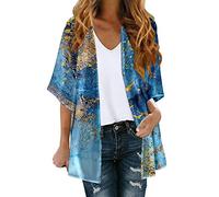 TTorju Women's Kimono Cardigan Bohemian Floral Print Beach Cover-Up 3/4 Sleeve Chiffon Bikini Sarong Shawl Tops Summer Tops Loose Fit Beach Cover Ups Sky Blue