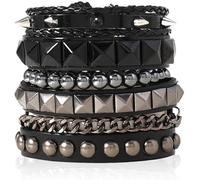 TTPSRY 4 Piece Punk Rock Studded Bracelet Set Leather Wristband Collection Pyramid Spike Beaded Chain Cuff Bangle Wrist Jewelry Men