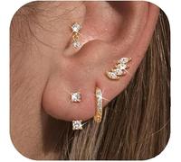 TTPSRY 4 Pieces Earrings Set for Women Zirconia Stud Hoop Clip Stacks Small Tiny Gold Silver Plated Helix Cartilage Huggie Jewellery Gifts Christmas Anniversary Birthday for Girls Ladies