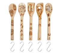 TTPSRY 5 Pcs Wooden Spoons for Cooking Bamboo Kitchen Utensils Set with S Shape Stainless Steel Hook Spoon Nonstick Cookware Turners Carved Spatulas Set Kitchen Tools Gadgets Star Wars Burned Gifts