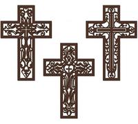 TTPSRY Crucifix Wall Cross Plaque Wall Hanging Catholic Ornament Creative Hollow 3 Piece Wooden Prayer Corner Decor for Home Church Living Room & Bedroom（Brown A）